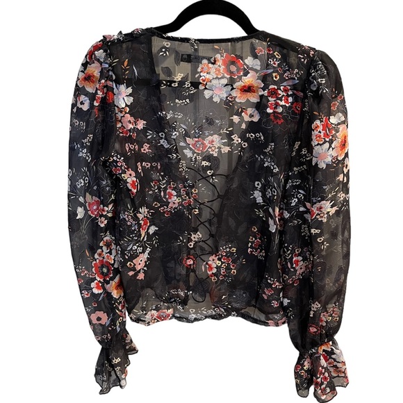 Nasty Gal Floral Chiffon Lace Up Blouse - Women’s Size 2 - Picture 5 of 7